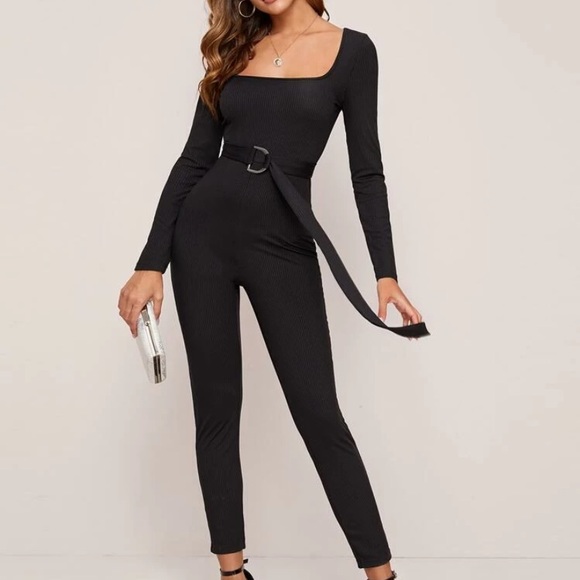 Black Bodycon Square Neck Long Sleeve Jumpsuit - Picture 2 of 5